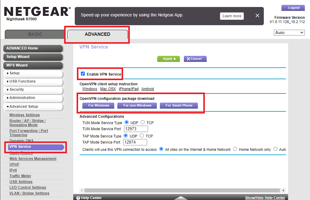 Netgear Nighthawk R7000 VPN service enable